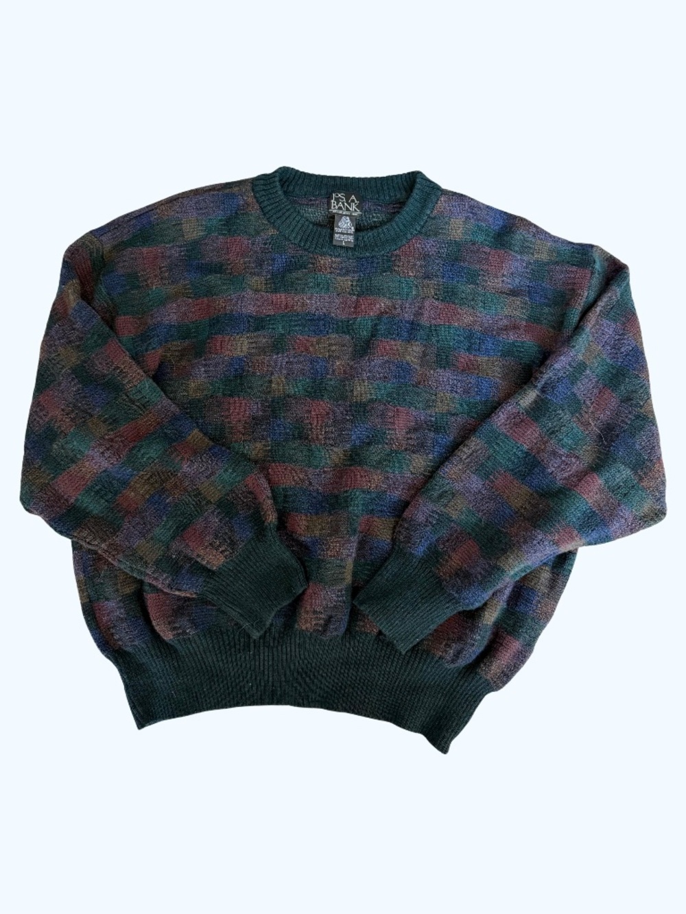 Vintage Jos A Bank 100% Pure New Merino Wool Multicolor Knit Sweater Sz Large